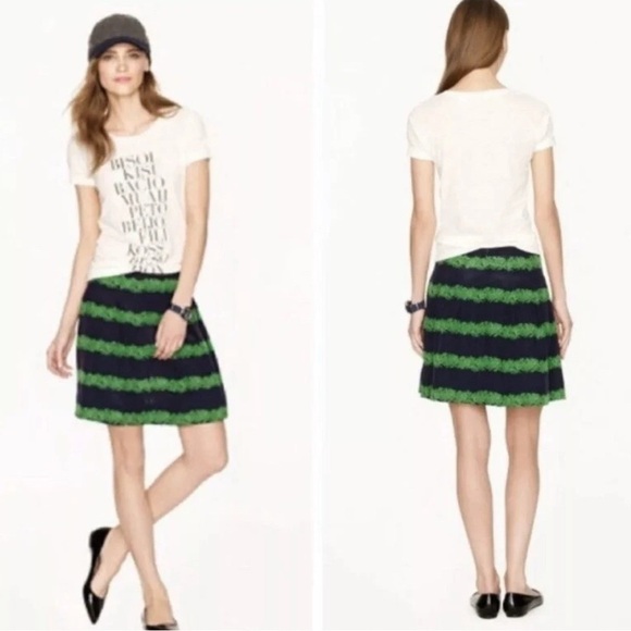 J.Crew Pleated Silk Skirt Navy Green Beanstalk Stripe Womens Sz 6 Office Preppy - Picture 11 of 12
